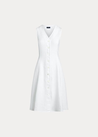 Vestidos Polo Ralph Lauren Mujer Blancos - Buttoned-Placket Linen - EMNDK2649